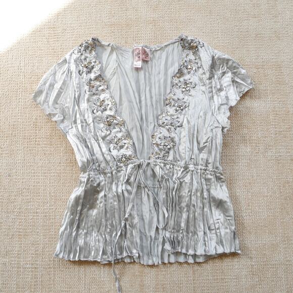 Y2k vintage crinkle top tie front beaded fairy-core M - Picture 7 of 10